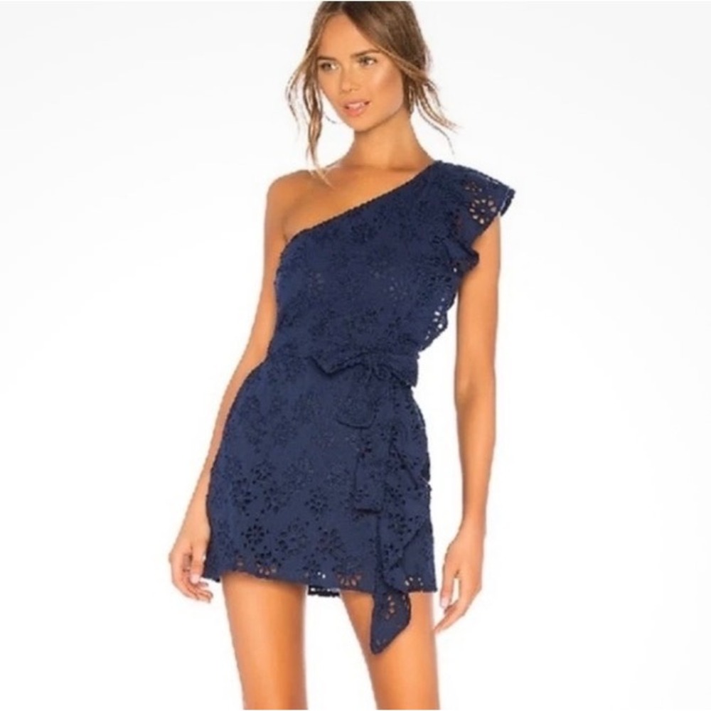 Lovers And Friends Medium Seana Navy Blue Eyelet One Shoulder Mini Dress w/ Belt
